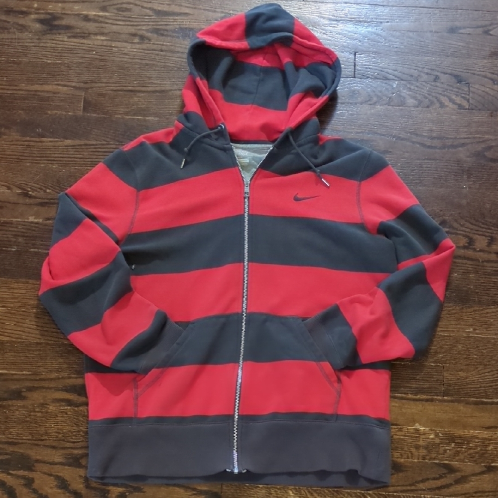 Nike Red and Gray Y2K Striped Hoodie The Athletic Dept